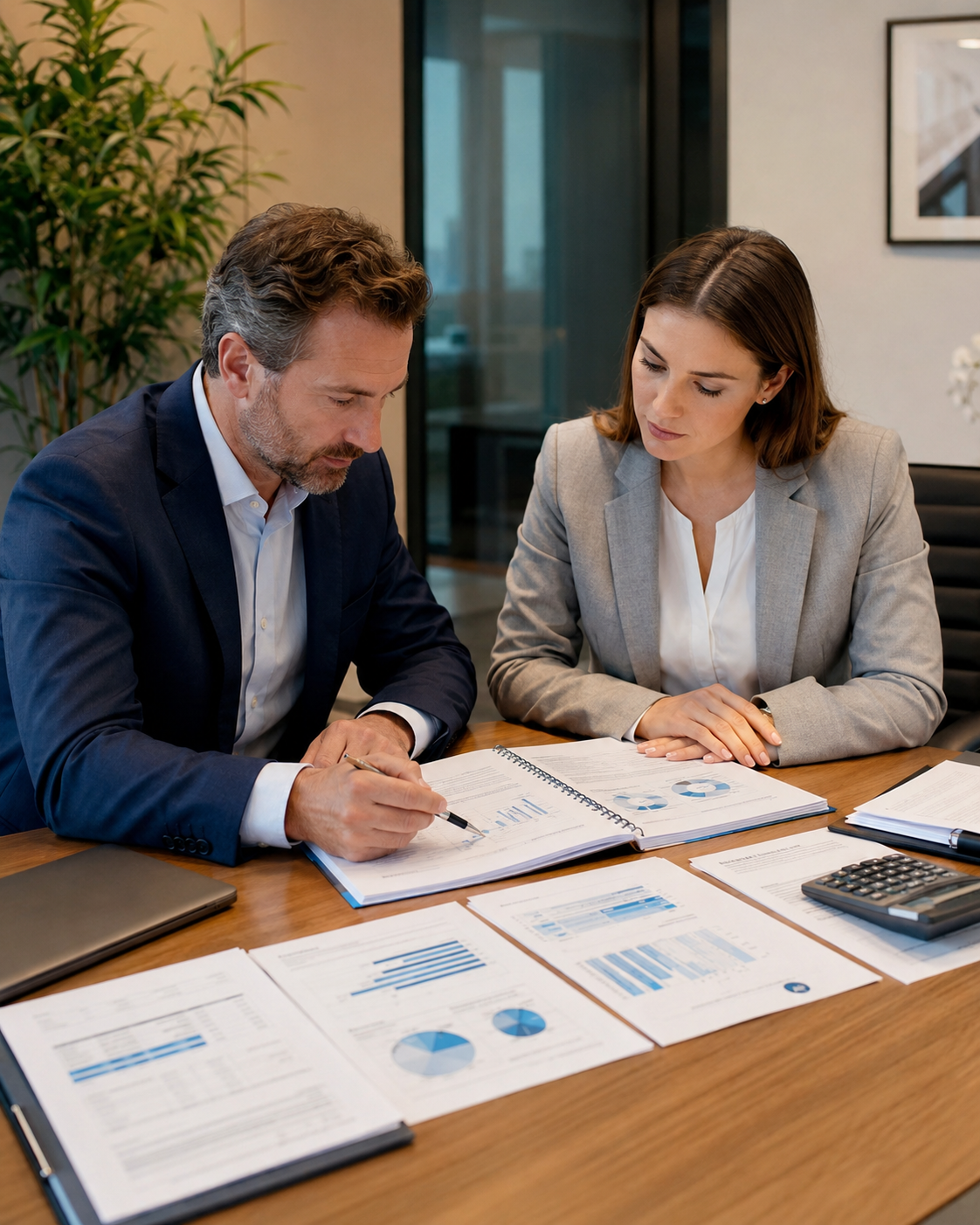 PROFESIONALES ESTUDIANDO LOS INFORMES Y VALORACIÓN ESTRATÉGICA DE EMPRESAS.