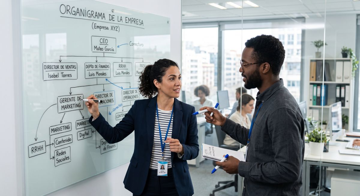 imagen de dos empleados discutiendo el organigrama de la empresa.
